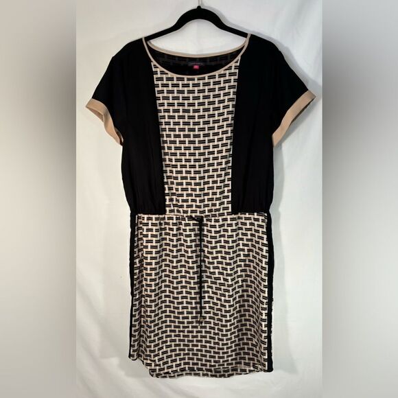 Vince Camuto EUC black/beige drawstring waisted short sleeve dress Size 12 - Picture 1 of 5